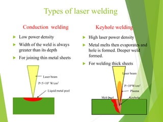 Types of laser welding
Conduction welding
 Low power density
 Width of the weld is always
greater than its depth
 For joining thin metal sheets
Keyhole welding
 High laser power density
 Metal melts then evaporates and
hole is formed. Deeper weld
formed.
 For welding thick sheets
Workpiece
Liquid metal pool
Laser beam
P<5×105 W/cm2
KeyholeMelt pool
Plasma
P>106W/cm2
Laser beam
 