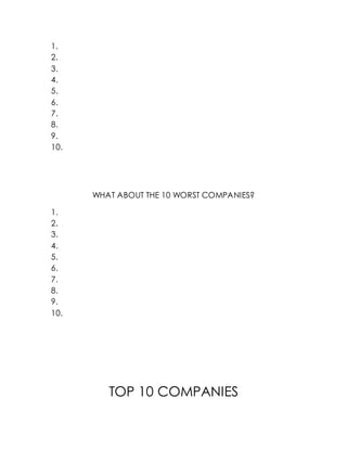 1.
2.
3.
4.
5.
6.
7.
8.
9.
10.
WHAT ABOUT THE 10 WORST COMPANIES?
1.
2.
3.
4.
5.
6.
7.
8.
9.
10.
TOP 10 COMPANIES
 