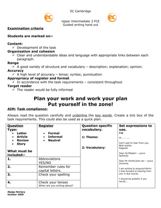 EC Cambridge


                                     Upper Intermediate 3 FCE
                                      Guided writing hand out
Examination criteria

Students are marked on:-

Content:
   Development of the task
Organisation and cohesion
   Clear and understandable ideas and language with appropriate links between each
     paragraph.
Range
   A good variety of structure and vocabulary – description; explanation; opinion.
Accuracy
   A high level of accuracy – tense; syntax; punctuation
Appropriacy of register and format
   In accordance with the task requirements – consistent throughout
Target reader
   The reader would be fully informed

                   Plan your work and work your plan
                        Put yourself in the zone!
AIM: Task compliance:

Always read the question carefully and underline the key words. Create a tick box of the
task requirements. This could also be used as a quick plan.

Question            Register                      Question specific   Set expressions to
Type:                                             vocabulary.         use.
     •   Letter        •   Formal                                     e.g.

     •   Article       •   Informal               1: Theme:           Hi…………..
     •   Review        •   Neutral
                                                                      Can’t wait to hear from you.
     •   Story                                                        Best wishes
                                                  2: Vocabulary:      Regards
What must be
                                                                      Dear Sir/Madam – yours
included:-                                                            faithfully
1.                  Abbreviations
                                                                      Dear Mr Smith/John etc – yours
                    YES/NO                                            sincerely
2.                  Remember rules for                                I am writing to enquire/inform
                    capital letters.                                  I look forward to hearing from
                                                                      you in due course.
3.                  Check your spelling
                                                                      I should be grateful if you
                                                                      would….
4.                  Check your tenses
                    When are you writing about?

Madge McClary
October 2009
 