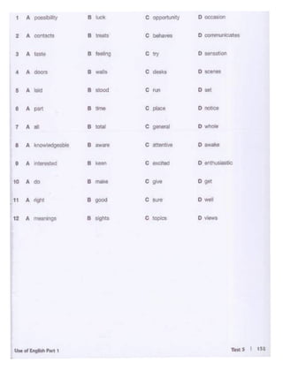 1 A possblity B luck c opoortun•ty o oecason
2 A coM>cis B t'90lS c- .. O OOft'W"'U'Clltes
3 A ..... B fltllng c 'l1'f D -hon
4 A ooors B Wall$ c -k• D SCl!neS
5 A lad B
""""' c run D Ml
• A Piil B Urn• c plaoe D not""'
7 A .. B tot8' c g-.1 Ow-
8 A i<rlOW'odgeabl• B aware c attenttve Dawai<e
• A iltetesled B
"""" c exclltd Den-tic
10 A 00 B
"'""" c QIVe D got
11 A ngt-t B good c sure O well
I
12 A B $lghts c IOOICS o.-n-•9&
 