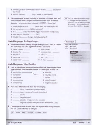 1"11 - I 41
r-iib<iiJtwA)Y+ly. ~
riiurt • y • injlM)'
ICM + It)' • .af¥ity
u................ ,
• Now ...... - _,,.,,,thevttl> M!ploy.
1 -(~A penCln v-ho 8iWSyou 8job)
2 (neut• pmon whowatkss.omewhere)
3 '""""'• (._iw ...... )
5 - fad,«lJW"".""""'""" .....job)
6 _ inegw.. odjectNe lo<a penon v.bo doesnl "- a)OO)
9 Choost one« M:lft ol lhlw- YffbS 1nd by to build as ,,....., Mf'ds ts
)'OU tin. USof I ...... , DO """' you,
0 corrrpro: IIOf'I
• 3djKl...
1
"'"'- b noun1111 M<wJ
2 C:Oi"!'lptCttM c
·-3 Uftl:On'IC)lll!Yvt d novn (a Pf"O'J
• COl'hpirt1t'*f I ,.t~adjtc1~
Useful language Word families
1 look 11 lht - - "°",.,,lomi f1<1m U1t ""'1> co ; 11 -
iyp.cl-•--1-WM!s 1··S wldl IYl'f'cl-...i.
Useful langwoge Spelling changes
6 Somft1mes """' ft' ~ chinges whtn )'OU Jdd • ..._to•WOid.
Put Ndi word ..S wfh LUgdlIE:rcomake a newword.
1 hilPPV • ~ • 6 sense 1u~ • ~
2 bet. ·r · ful • 7 (Dm~tt • ban•
3 1lcty•lr• • lun•v•
4 natui. • .t • 9 5-un • y •
5 oeeee - iyp.cl- is mming Si sentences1-S (loo - «Li
Th<n ~dwm-lht~ '"'"' ol lht- intncbts.
Exam.., '"'*do,..tttp., m.1 o•d wood.ul , oodl..,.>
1 loow P••P'"'Y 1lu< {child) • ti·• bo 1 t of )'Ollt l!t.
2 ,.,.you__ -C<>n1ha-kendl
l Itk _~"'°"""that reggaemu~ic Ol!f1l!S "romjatNia..
4 Whoart~fivour:te_ --f•n)?
s wtw.l 15 tfw, ,. 1,h) or. baby elt'phant~
S Don't burNCO b Anni bec;1use s.he dot'ln't ~)lb
••P music.
 