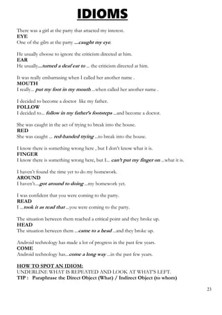 IDIOMS
There was a girl at the party that attacted my interest.
EYE
One of the gilrs at the party ...caught my eye.
He usually choose to ignore the criticism directed at him.
EAR
He usually...turned a deaf ear to ... the criticism directed at him.
It was really embarrasing when I called her another name .
MOUTH
I really... put my foot in my mouth ...when called her another name .
I decided to become a doctor like my father.
FOLLOW
I decided to... follow in my father’s footsteps ...and become a doctor.
She was caught in the act of trying to break into the house.
RED
She was caught ... red-handed trying ...to break into the house.
I know there is something wrong here , but I don’t know what it is.
FINGER
I know there is something wrong here, but I... can’t put my finger on ...what it is.
I haven’t found the time yet to do my homework.
AROUND
I haven’t....got around to doing ...my homework yet.
I was confident that you were coming to the party.
READ
I ...took it as read that ...you were coming to the party.
The situation between them reached a critical point and they broke up.
HEAD
The situation between them ...came to a head ...and they broke up.
Android technology has made a lot of progress in the past few years.
COME
Android technology has...come a long way ...in the past few years.
HOW TO SPOT AN IDIOM:
UNDERLINE WHAT IS REPEATED AND LOOK AT WHAT’S LEFT.
TIP : Paraphrase the Direct Object (What) / Indirect Object (to whom)
23
 