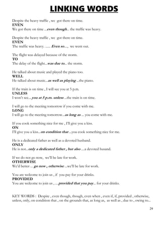 LINKING WORDS
Despite the heavy traffic , we got there on time.
EVEN
We got there on time ...even though... the traffic was heavy.
Despite the heavy traffic , we got there on time.
EVEN
The traffic was heavy. ...... Even so...., we went out.
The flight was delayed because of the storm.
TO
The delay of the flight...was due to... the storm.
He talked about music and played the piano too.
WELL
He talked about music...as well as playing ...the piano.
If the train is on time , I will see you at 5 p.m.
UNLESS
I won’t see....you at 5 p.m. unless ...the train is on time.
I will go to the meeting tomorrow if you come with me.
LONG
I will go to the meeting tomorrow...as long as ... you come with me.
If you cook something nice for me , I’ll give you a kiss.
ON
I’ll give you a kiss...on condition that ...you cook something nice for me.
He is a dedicated father as well as a devoted husband.
ONLY
He is not...only a dedicated father , but also ....a devoted husand.
If we do not go now, we’ll be late for work.
OTHERWISE
We’d better ... go now , otherwise ...we’ll be late for work.
You are welcome to join us , if you pay for your drinks.
PROVIDED
You are welcome to join us , ....provided that you pay... for your drinks.
KEY WORDS : Despite , even though, though, even when , even if, if, provided , otherwise,
unless, only, on condition that , on the grounds that, as long as, as well as , due to , owing to...
29
 