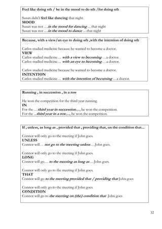 Feel like doing sth / be in the mood to do sth /for doing sth
Susan didn’t feel like dancing that night.
MOOD
Susan was not …in the mood for dancing …that night
Susan was not …in the mood to dance …that night
Because, with a view/an eye to doing sth ,with the intention of doing sth
Carlos studied medicine because he wanted to become a doctor.
VIEW
Carlos studied medicine… with a view to becoming …a doctor.
Carlos studied medicine… with an eye to becoming …a doctor.
Carlos studied medicine because he wanted to become a doctor.
INTENTION
Carlos studied medicine… with the intention of becoming …a doctor.
Running , in succession , in a row
He won the competition for the third year running.
IN
For the …third year in succession…, he won the competition.
For the ...third year in a row…, he won the competition.
If , unless, as long as , provided that , providing that, on the condition that...
Connor will only go to the meeting if John goes.
UNLESS
Connor will… not go to the meeting unless …John goes.
Connor will only go to the meeting if John goes.
LONG
Connor will go… to the meeting as long as …John goes.
Connor will only go to the meeting if John goes.
THAT
Connor will go to the meeting provided that / providing that John goes
Connor will only go to the meeting if John goes.
CONDITION
Connor will go to the meeting on (the) condition that John goes
32
 