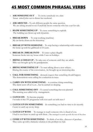 45 MOST COMMON PHRASAL VERBS
1. ASK SOMEONE OUT - To invite somebody on a date
Susan asked John out to dinner last weekend.
2. ASK AROUND – To ask different people the same question.
We are asking around to see if anybody knows someone who has a car for sale.
3. BLOW SOMETHING UP - To cause something to explode
The building was blown up with dynamite.
4. BREAK DOWN - To stop working (machine)
My car broke down on the motorway.
5. BREAK UP WITH SOMEONE - To stop having a relationship with someone
He broke up with his girlfriend of 10 years.
6. BREAK IN /BREAK INTO - To enter a place illegally
Someone broke into my house while I was on holidays.
7. BRING A CHILD UP – To take care of someone until they are adults.
Mike was brought up by his grandparents.
8. BRING SOMETHING UP – To start talking about a new subject.
During the course of the conversation , he brought up an interesting idea
9. CALL FOR SOMETHING demand, request that something should happen
The demostrators were calling for a reduction in taxes.
10. CARRY ON WITH SOMETHING - to continue doing something
The alarm went off at 6 a.m. , but he carried on sleeping.
11. CALL SOMETHING OFF – To cancel something that was planned
The meeting was called of by management.
12. CATCH ON - To become popular
I wonder if this TV programme will ever catch on with men ?
13. CATCH UP ON SOMETHING- do something you had no time to do recently
I want to catch up on my sleep.
14. CATCH UP WITH - To manage to reach someone who is ahead of you.
I had to run faster to catch up with them. /She managed to catch up with the rest of the class.
15. COME UP WITH SOMETHING - To think of an idea , discover of produce .
They came up with a fantastic solution to the problem we had.
35
 