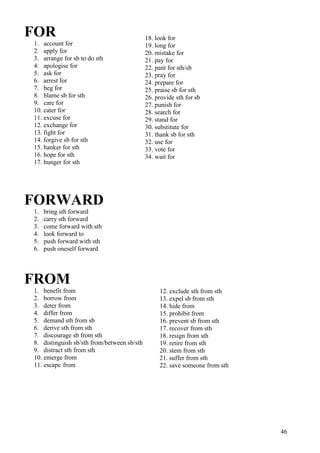 FOR
1. account for
2. apply for
3. arrange for sb to do sth
4. apologise for
5. ask for
6. arrest for
7. beg for
8. blame sb for sth
9. care for
10. cater for
11. excuse for
12. exchange for
13. fight for
14. forgive sb for sth
15. hanker for sth
16. hope for sth
17. hunger for sth
FORWARD
1. bring sth forward
2. carry sth forward
3. come forward with sth
4. look forward to
5. push forward with sth
6. push oneself forward
FROM
1. benefit from
2. borrow from
3. deter from
4. differ from
5. demand sth from sb
6. derive sth from sth
7. discourage sb from sth
8. distinguish sb/sth from/between sb/sth
9. distract sth from sth
10. emerge from
11. escape from
46
18. look for
19. long for
20. mistake for
21. pay for
22. pant for sth/sb
23. pray for
24. prepare for
25. praise sb for sth
26. provide sth for sb
27. punish for
28. search for
29. stand for
30. substitute for
31. thank sb for sth
32. use for
33. vote for
34. wait for
12. exclude sth from sth
13. expel sb from sth
14. hide from
15. prohibit from
16. prevent sb from sth
17. recover from sth
18. resign from sth
19. retire from sth
20. stem from sth
21. suffer from sth
22. save someone from sth
 