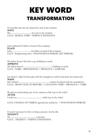 KEY WORD
TRANSFORMATION
It’s possible that she has injured her arm in the accident.
HAVE
She ….....................................her arm in the accident.
CLUE : MODAL VERB + PERFECT INFINITIVE
John replaced his father as head of the company.
PLACE
John…...................................his father as head of the company.
CLUE : Paraphrasing with a SYNONYMOUS PHRASE (SET PHRASE)
His father doesn’t like him to go clubbing so much.
APPROVE
His father doesn’t…......................................................clubbing so much.
CLUE : VERB + PREPOSITION + PRONOUN + GERUND
Jim father’s didn’t let him play with his smartphone until he had done his homework.
MADE
Jim’s father’s …..........................................................before he played with his smartphone.
CLUE : FROM UNTIL TO BEFORE = CAUSATIVE VERB + PRONOUN + VERB
Would you mind taking care of my suitcases while I go to the toilet?
AFTER
Could you ...................................................while I go to the toilet?
CLUE :CHANGE OF VERBAL (gerund into infinitive) + SYNONYMOUS PHRASE
It wasn’t necessary for him to bring a present , but he did.
NEEDN’T
He ....................................................a present.
CLUE : NEEDN’T + PERFECT INFINITIVE
50
 