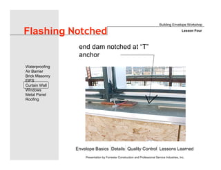 end dam notched at “T”
anchor
Envelope Basics Details Quality Control Lessons Learned
Waterproofing
Air Barrier
Brick Masonry
EIFS
Curtain Wall
Windows
Metal Panel
Roofing
Presentation by Forrester Construction and Professional Service Industries, Inc.
Flashing Notched
Building Envelope Workshop
Lesson Four
 