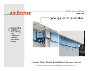 Envelope Basics Details Quality Control Lessons Learned
Waterproofing
Air Barrier
Brick Masonry
EIFS
Curtain Wall
Windows
Metal Panel
Roofing
Presentation by Forrester Construction and Professional Service Industries, Inc.
Air Barrier
Building Envelope Workshop
Lesson Four
openings for air penetration
 