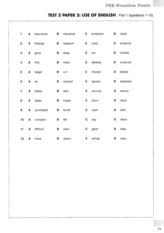 TEST 3 PAPER 3: USE OF ENGLISH Part 1 (questions 1-12)
1 A assurance В insurance С protection D cover
2 A findings
3 A gone
4 A find
5 A target
6 A let
7 A safety
8 A ideas
В research
В away
В make
В aim
В allowed
В safe
В hopes
9 A purchased В found
10 A complain В tell
11 A difficult
12 A know
В clear
В aware
С clues
С out
С develop
С choose
С agreed
С security
С plans
С used
С say
С good
С willing
D evidence
D outside
D construct
D decide
D accepted
D secure
D deals
D sold
D share
D easy
D open
71
 