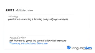>strategy
prediction > skimming > locating and justifying > analysis

>expert’s view
Ask learners to guess the context after initial exposure
Thornbury, Introduction to Discourse

 