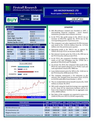 CMP 284.45
Target Price 327.00
ISIN: INE180K01011
JUNE 30th
2014
SKS MICROFINANCE LTD
Result Update (PARENT BASIS): Q1 FY15
BUY
Index Details
Stock Data
Sector Finance
BSE Code 533228
Face Value 10.00
52wk. High / Low (Rs.) 309.90/101.55
Volume (2wk. Avg.) 451000
Market Cap (Rs. in mn.) 35817.94
Annual Estimated Results (A*: Actual / E*: Estimated)
YEARS FY14A FY15E FY16E
Net Sales 5189.92 6176.00 7102.41
EBITDA 2881.49 3658.80 4149.61
Net Profit 698.52 1299.56 1623.85
EPS 6.46 10.32 12.90
P/E 44.07 27.56 22.06
Shareholding Pattern (%)
1 Year Comparative Graph
SKS MICROFINANCE LTD S&P BSE SENSEX
SYNOPSIS
SKS Microfinance Limited was founded in 1997, a
non-banking financial company - micro finance
institution, provides micro finance services.
In Q1 FY15, Net profit jumps to Rs. 493.21 mn an
increase of 892.37% against Rs. 49.70 mn in the
corresponding quarter of previous year.
The company’s net sales registered 29.29% increase
and stood at Rs. 1518.16 million from Rs. 1174.26
million over the previous year quarter.
Operating profit is Rs. 983.11 mn as against Rs.
528.01 mn in Q1 FY14, an increase of 86.19%.
Net interest income grew by 41% to Rs. 890 mn in
Q1 FY15 from Rs. 630 mn in Q1 FY14.
In Q1 FY15, the company’s Portfolio excluding the
states of A.P and Telangana was Rs. 27830 mn a
growth of 39% (YoY) and 7% (QoQ).
As of June 30, 2014, the company’s Net worth of Rs.
8910 mn and capital adequacy is at 39.6%. Cash and
cash equivalents stood at Rs. 4880 mn.
Loan disbursement grew by 40% to Rs. 1160 mn in
Q1 FY15 from Rs. 8300 mn in Q1 FY14.
The company announced a 1% reduction in the
interest rate charged from borrowers from 24.55%
to 23.55% with effect from October 1, 2014.
The un-availed deferred tax benefit stood at Rs. 5420
million as of June 30, 2014.
SKS credit rating for bank borrowings was upgraded
to A1+ from A1 for short-term facilities and to A+
from A for long-term facilities for an aggregate sum
of Rs. 20000 million.
Net Sales of the company are expected to grow at a
CAGR of 29% over 2013 to 2016E respectively.
PEER GROUPS CMP MARKET CAP EPS P/E (X) P/BV(X) DIVIDEND
Company Name (Rs.) Rs. in mn. (Rs.) Ratio Ratio (%)
SKS Microfinance Ltd 284.45 35817.94 6.46 44.07 6.70 0.00
SE Investments Ltd 370.45 15025.50 13.87 26.71 3.08 10.00
Magma Fincorp Ltd 98.95 18612.70 7.13 13.73 1.59 40.00
Cholamandalam Investment and Finance Company Ltd 395.90 56783.10 25.38 15.60 2.88 10.00
 