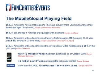 The Mobile/Social Playing Field 85%  of Americans have a mobile phone (there are actually more US mobile phones than Americans age 13 and older)  Source: CTIA Wireless Association 66%  of cell phones in America are equipped with a camera  Source: comScore 40%  of Americans with cell phones send/receive text messages ( 80%  among 13-24 year olds;  63%  among 18-27 year olds)  Source: Pew Internet & American Life Project 24%  of Americans with cell phones send/receive photo or video messages ( up 60%  in the past year)  Source: M:Metrics   Over 13 million iPhones  had been purchased   as of October 2008  Source:    Wikimedia Commons   45 million new iPhones  are projected to be sold in 2009  Source: DoApps   As of January 2009,  Facebook has 138.6 million users  Source: Facebook 