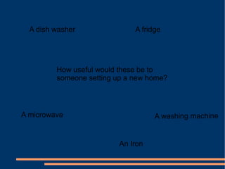 How useful would these be to
someone setting up a new home?
A dish washer A fridge
A microwave
An Iron
A washing machine
 