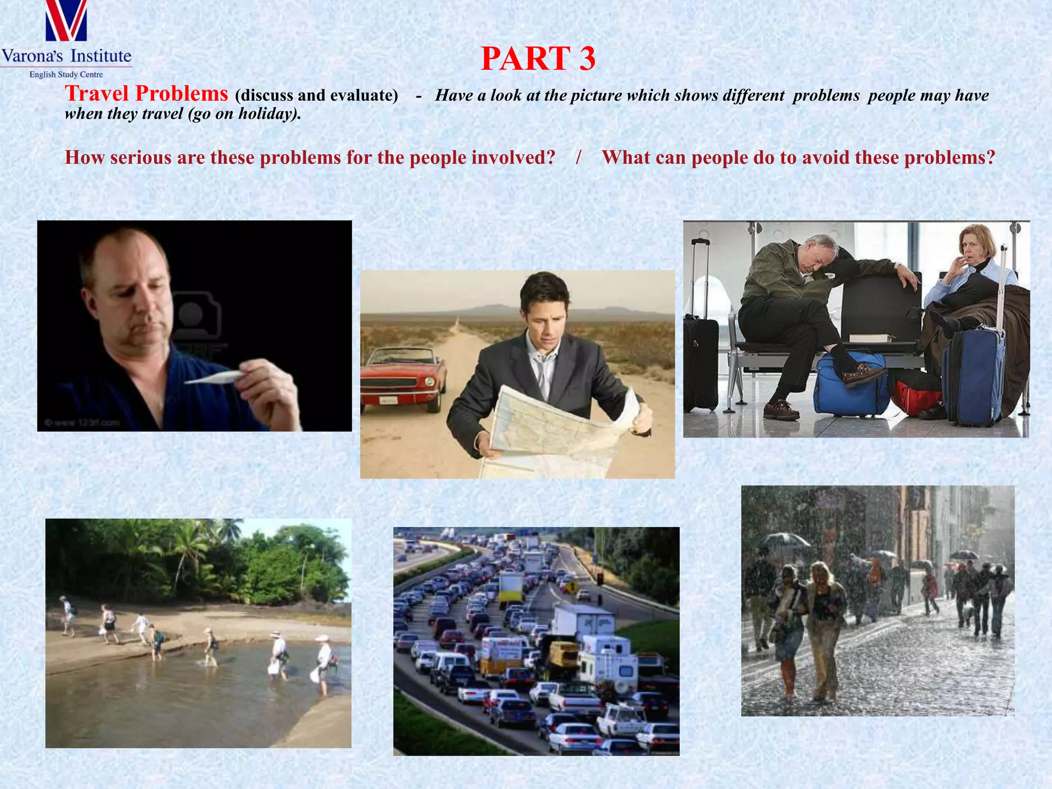 Part 2:Study places:CANDIDATE A, compare and contrastthesephotographs, and saywhythepeoplehavechosenthese places tostudy. Youhave a minute to do this.CANDIDATE B, do youeverstudy in a library?USEFUL PHRASES:Well, thepeople in thesephotos are studyingin verydifferent places. In thefirstphoto, there are severalstudents in a library, in thesecond, a girlisstudyingonthefloor. Thispicturemusthavebeentaken in herbedroomoranyotherpart of thehouse.Thestudentsseemtobeworking in paris, helpingeachother. I thinkstudyingwithotherpeopleisenjoyable – you can share information and learn more easily. Perhapstheyhavechosentostudy in thelibrarybecausethey can haveeasyaccesstolots of books. I gettheimpressionthatthegirlisnotverycomfortablesittingonthefloor. She looks likeshe’sa bit ansxious. She’sclearlyconcentratinghardonherwork. Shemayhavechosentowork in herbedroombecauseshe can besureshewon’tbeinterrupted.