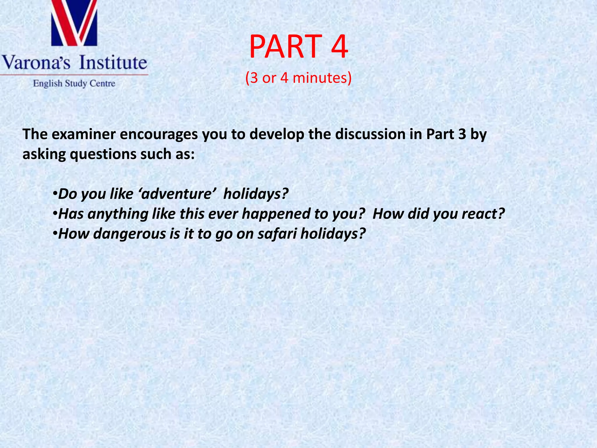 PART 3(3 or 4 minutes)Youwillbeaskedtodiscusssomethingtogetherwoithoutinterruptionbytheexaminer. Youwillhave a page of picturestohelpyou.TravelProblems (discuss and evaluate)Have a look at thepicturewhich shows differentproblemspeoplemayhavewhentheytravel.Howserious are theseproblemsforthepeopleinvolved?What can people do toavoidtheseproblems?