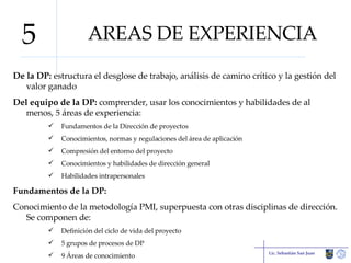 AREAS DE EXPERIENCIA De la DP:  estructura el desglose de trabajo, análisis de camino crítico y la gestión del valor ganado Del equipo de la DP:  comprender, usar los conocimientos y habilidades de al menos, 5 áreas de experiencia: Fundamentos de la Dirección de proyectos Conocimientos, normas y regulaciones del área de aplicación Compresión del entorno del proyecto Conocimientos y habilidades de dirección general Habilidades intrapersonales Fundamentos de la DP: Conocimiento de la metodología PMI, superpuesta con otras disciplinas de dirección. Se componen de: Definición del ciclo de vida del proyecto 5 grupos de procesos de DP 9 Áreas de conocimiento Lic. Sebastián San Juan 5 