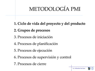 METODOLOGÍA PMI Ciclo de vida del proyecto y del producto Grupos de procesos Procesos de iniciación Procesos de planificación Procesos de ejecución Procesos de supervisión y control Procesos de cierre Lic. Sebastián San Juan 