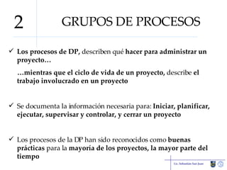 GRUPOS DE PROCESOS Los procesos de DP,  describen qué  hacer para administrar un proyecto… … mientras que el ciclo de vida de un proyecto,  describe  el trabajo involucrado en un proyecto Se documenta la información necesaria para:  Iniciar, planificar, ejecutar, supervisar y controlar, y cerrar un proyecto Los procesos de la DP han sido reconocidos como  buenas prácticas  para la  mayoría de los proyectos, la mayor parte del tiempo Lic. Sebastián San Juan 2 