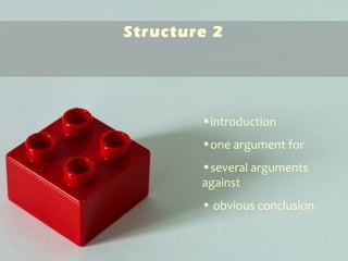 Structure 2
•introduction
•one argument for
•several arguments
against
• obvious conclusion
 