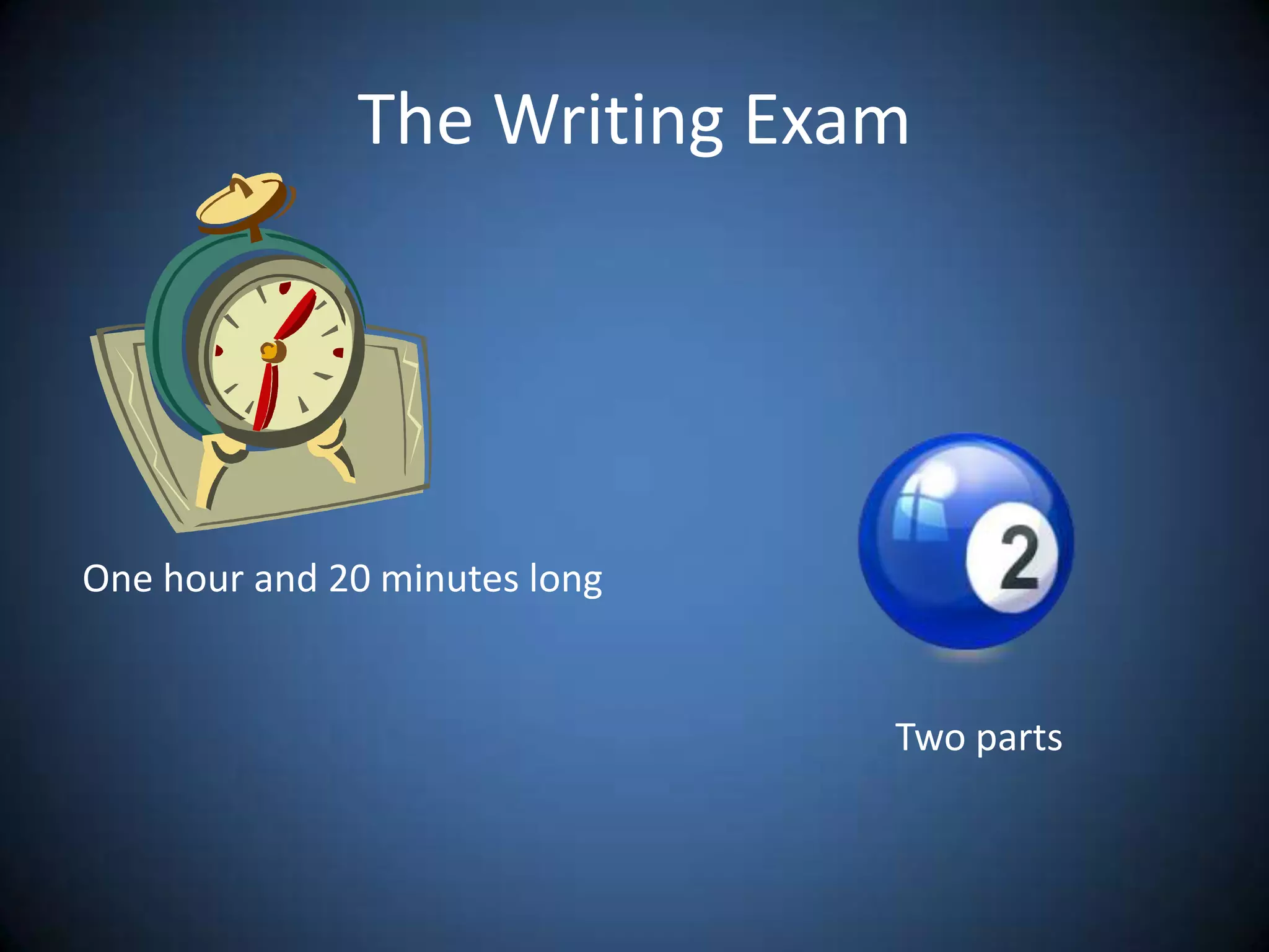 The Writing ExamOne hour and 20 minutes longTwo parts