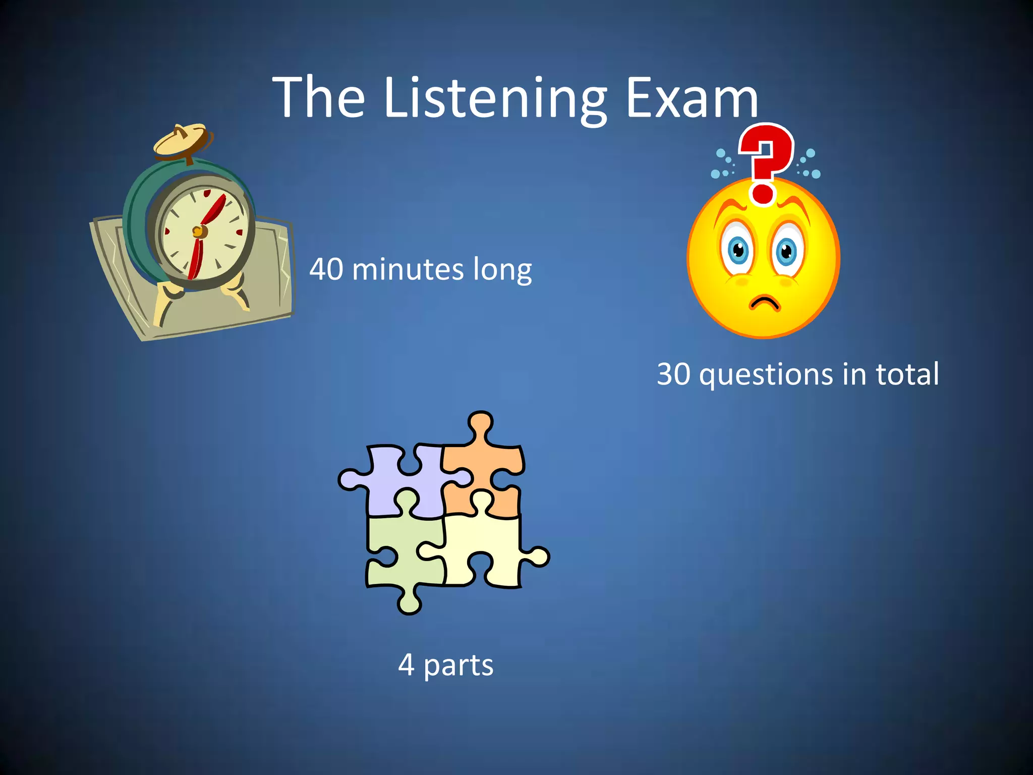The Listening Exam40 minutes long30 questions in total4 parts