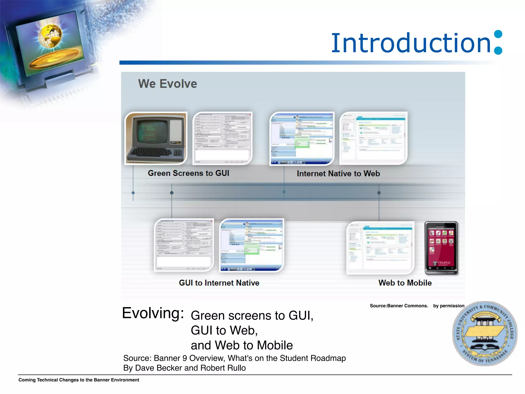 Introduction




                                                                                                       Source:Banner Commons.   by permission

                                          Evolving: Green screens to GUI, 
                                                            GUI to Web, 
                                                            and Web to Mobile
                                           Source: Banner 9 Overview, What's on the Student Roadmap
                                           By Dave Becker and Robert Rullo
Coming Technical Changes to the Banner Environment
 