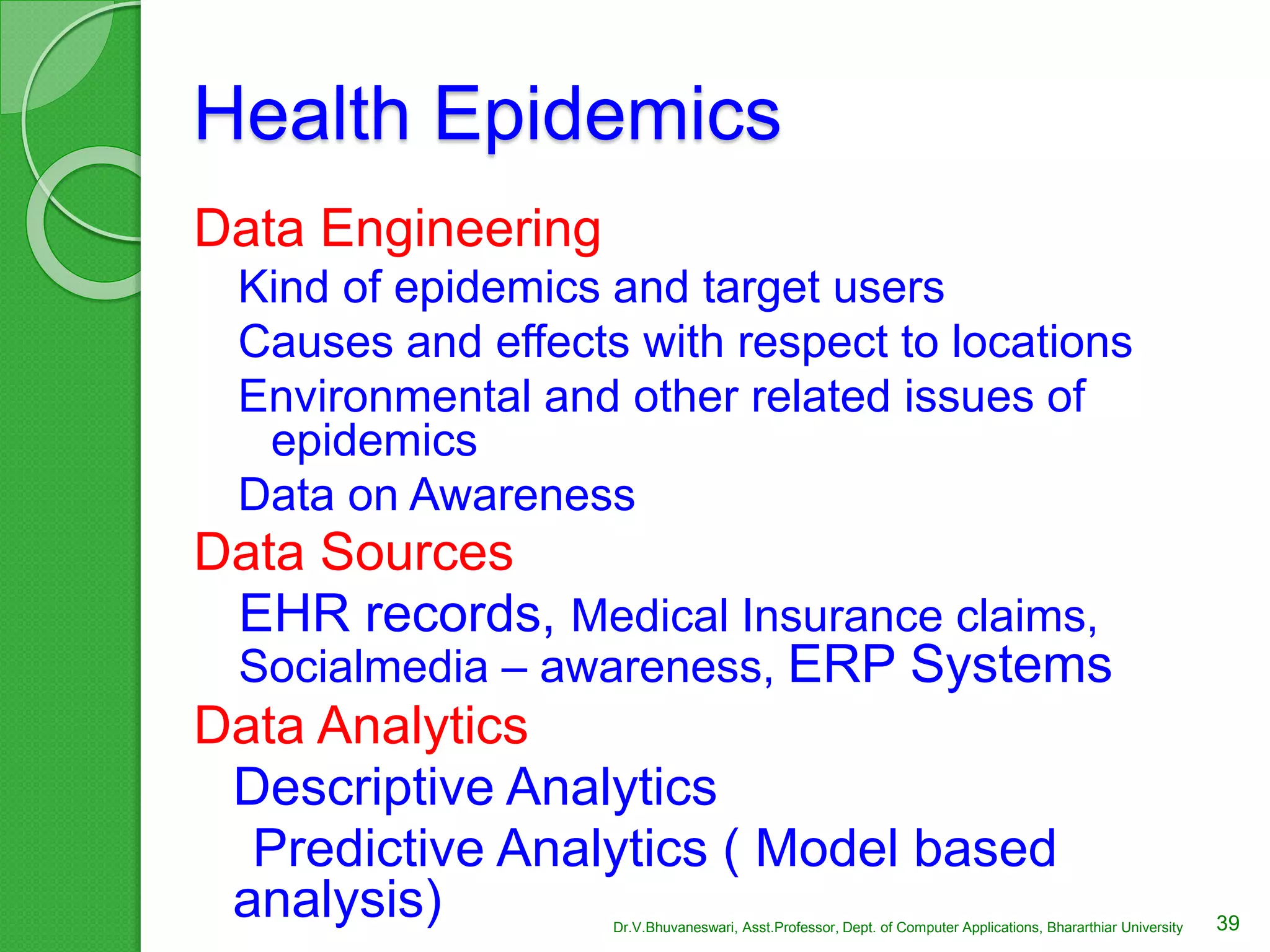 Health Epidemics
Data Engineering
Kind of epidemics and target users
Causes and effects with respect to locations
Environmental and other related issues of
epidemics
Data on Awareness
Data Sources
EHR records, Medical Insurance claims,
Socialmedia – awareness, ERP Systems
Data Analytics
Descriptive Analytics
Predictive Analytics ( Model based
analysis) 39Dr.V.Bhuvaneswari, Asst.Professor, Dept. of Computer Applications, Bhararthiar University
 