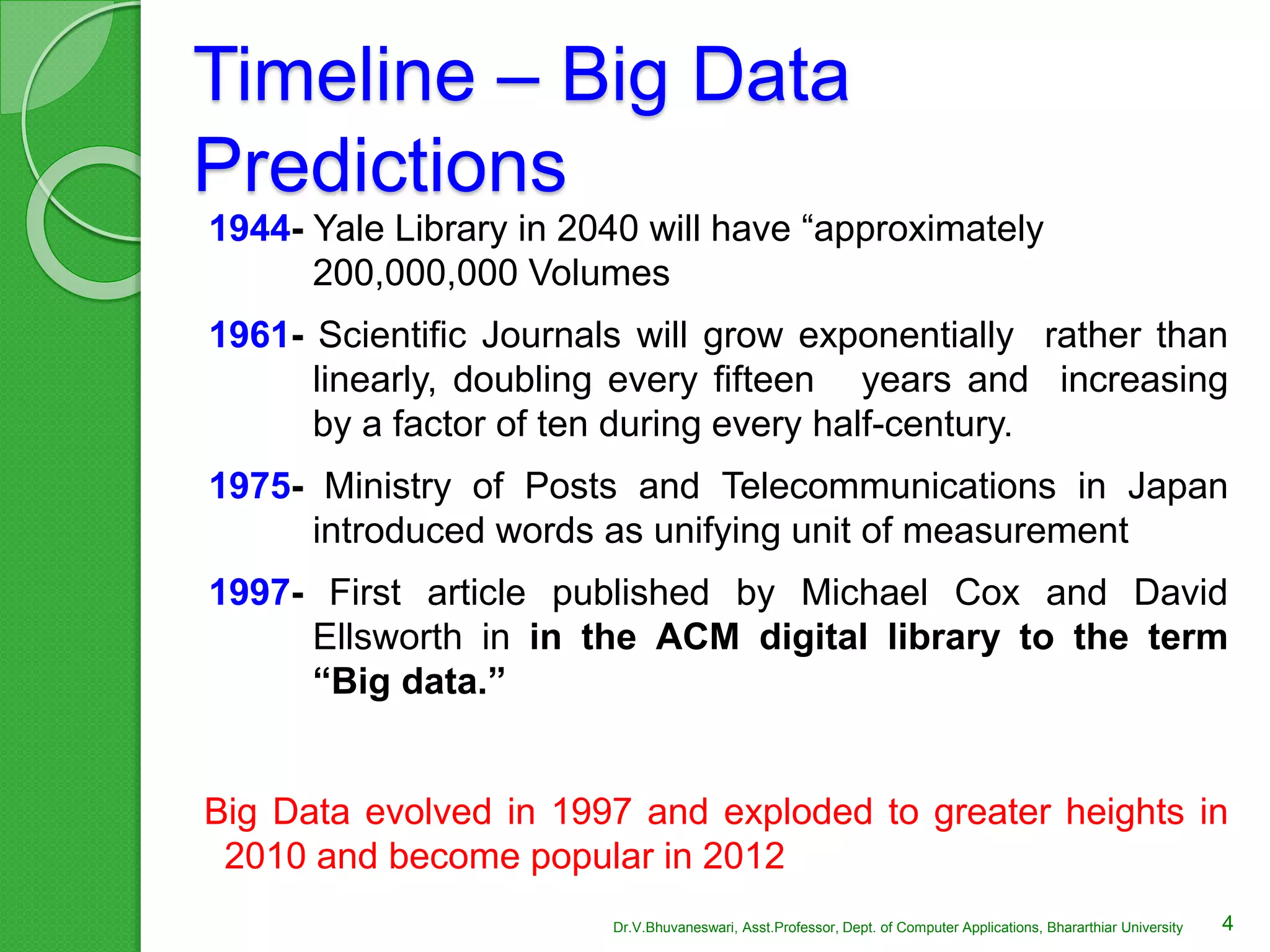 Timeline – Big Data
Predictions
1944- Yale Library in 2040 will have “approximately
200,000,000 Volumes
1961- Scientific Journals will grow exponentially rather than
linearly, doubling every fifteen years and increasing
by a factor of ten during every half-century.
1975- Ministry of Posts and Telecommunications in Japan
introduced words as unifying unit of measurement
1997- First article published by Michael Cox and David
Ellsworth in in the ACM digital library to the term
“Big data.”
Big Data evolved in 1997 and exploded to greater heights in
2010 and become popular in 2012
4Dr.V.Bhuvaneswari, Asst.Professor, Dept. of Computer Applications, Bhararthiar University
 
