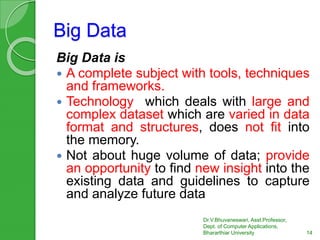 Big Data
Big Data is
 A complete subject with tools, techniques
and frameworks.
 Technology which deals with large and
c...