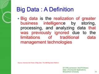Big Data : A Definition
 Big data is the realization of greater
business intelligence by storing,
processing, and analyzi...
