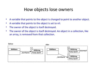 How objects lose owners
• A variable that points to the object is changed to point to another object.
• A variable that points to the object is set to nil.
• The owner of the object is itself destroyed.
• The owner of the object is itself destroyed. An object in a collection, like
an array, is removed from that collection.
 