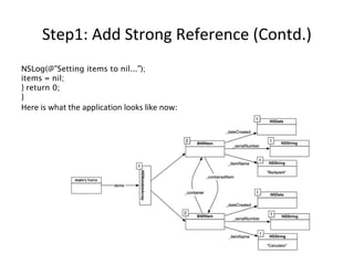 Step1: Add Strong Reference (Contd.)
NSLog(@"Setting items to nil...");
items = nil;
} return 0;
}
Here is what the application looks like now:
 