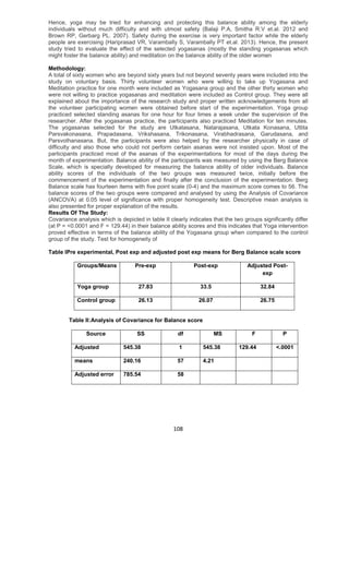 108
Hence, yoga may be tried for enhancing and protecting this balance ability among the elderly
individuals without much difficulty and with utmost safety (Balaji P.A, Smitha R.V et.al. 2012 and
Brown RP, Gerbarg PL. 2007). Safety during the exercise is very important factor while the elderly
people are exercising (Hariprasad VR, Varambally S, Varambally PT et.al. 2013). Hence, the present
study tried to evaluate the effect of the selected yogasanas (mostly the standing yogasanas which
might foster the balance ability) and meditation on the balance ability of the older women
Methodology:
A total of sixty women who are beyond sixty years but not beyond seventy years were included into the
study on voluntary basis. Thirty volunteer women who were willing to take up Yogasana and
Meditation practice for one month were included as Yogasana group and the other thirty women who
were not willing to practice yogasanas and meditation were included as Control group. They were all
explained about the importance of the research study and proper written acknowledgements from all
the volunteer participating women were obtained before start of the experimentation. Yoga group
practiced selected standing asanas for one hour for four times a week under the supervision of the
researcher. After the yogasanas practice, the participants also practiced Meditation for ten minutes.
The yogasanas selected for the study are Utkatasana, Natarajasana, Utkata Konasana, Uttita
Parsvakonasana, Prapadasana, Vrikshasana, Trikonasana, Virabhadrasana, Garudasana, and
Parsvothanasana. But, the participants were also helped by the researcher physically in case of
difficulty and also those who could not perform certain asanas were not insisted upon. Most of the
participants practiced most of the asanas of the experimentations for most of the days during the
month of experimentation. Balance ability of the participants was measured by using the Berg Balance
Scale, which is specially developed for measuring the balance ability of older individuals. Balance
ability scores of the individuals of the two groups was measured twice, initially before the
commencement of the experimentation and finally after the conclusion of the experimentation. Berg
Balance scale has fourteen items with five point scale (0-4) and the maximum score comes to 56. The
balance scores of the two groups were compared and analysed by using the Analysis of Covariance
(ANCOVA) at 0.05 level of significance with proper homogeneity test. Descriptive mean analysis is
also presented for proper explanation of the results.
Results Of The Study:
Covariance analysis which is depicted in table II clearly indicates that the two groups significantly differ
(at P = <0.0001 and F = 129.44) in their balance ability scores and this indicates that Yoga intervention
proved effective in terms of the balance ability of the Yogasana group when compared to the control
group of the study. Test for homogeneity of
Table IPre experimental, Post exp and adjusted post exp means for Berg Balance scale score
Groups/Means Pre-exp Post-exp Adjusted Post-
exp
Yoga group 27.83 33.5 32.84
Control group 26.13 26.07 26.75
Table II:Analysis of Covariance for Balance score
Source SS df MS F P
Adjusted 545.38 1 545.38 129.44 <.0001
means 240.16 57 4.21
Adjusted error 785.54 58
 