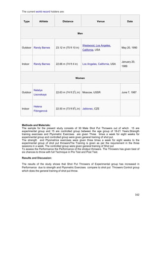 162
The current world record holders are:
Type Athlete Distance Venue Date
Men
Outdoor Randy Barnes 23.12 m (75 ft 10 in)
Westwood, Los Angeles,
California, USA
May 20, 1990
Indoor Randy Barnes 22.66 m (74 ft 4 in) Los Angeles, California, USA
January 20,
1989
Women
Outdoor
Natalya
Lisovskaya
22.63 m (74 ft 2
3
⁄4 in) Moscow, USSR June 7, 1987
Indoor
Helena
Fibingerová
22.50 m (73 ft 9
3
⁄4 in) Jablonec, CZE
Methods and Materials:
The sample for the present study consists of 30 Male Shot Put Throwers out of which 15 are
experimental group and 15 are controlled group between the age group of 18-21 Years.Strength
training exercises and Plyometric Exercises are given Three times a week for eight weeks for
experimental group and controlled group were given general training of shot put.
The strength and Plyometrice exercises were given three times a week for eight weeks to the
experimental group of shot put throwersThe Training is given as per the requirement in the three
sessions in a week. The controlled group were given general training of Shot put
To assess the Performance the Performance of the shotput throwers. The Throwers has given best of
six chances to throw with full Technique in Pre Test and Post Test.
Results and Discussion:
The results of the study shows that Shot Put Throwers of Experimental group has increased in
Performance due to strength and Plyometric Exercises compare to shot put Throwers Control group
which does the general training of shot put throw.
 
