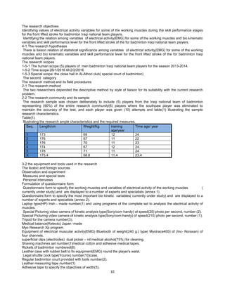 10
The research objectives
Identifying values of electrical activity variables for some of the working muscles during the skill performance stages
for the front lifted stroke for badminton Iraqi national team players.
Identifying the relation among variables of electrical activity(EMG) for some of the working muscles and bio kinematic
variables and skill performance level for the front lifted stroke of the for badminton Iraqi national team players.
4-1 The research hypotheses
There is liaison relation of statistical significance among variables of electrical activity(EMG) for some of the working
muscles and bio kinematic variables and skill performance level for the front lifted stroke of the for badminton Iraqi
national team players.
The research scopes
1-5-1 The human scope:(5) players of men badminton Iraqi national team players for the season 2013-2014.
1-5-2 Time scope:26/1/2016 till 2/2/2016
1-5-3 Special scope: the close hall in Al-Athori club( special court of badminton)
The second category
The research method and its field procedures
2-1 The research method
The two researchers depended the descriptive method by style of liaison for its suitability with the current research
problem.
2-2 The research community and its sample:
The research sample was chosen deliberately to include (5) players from the Iraqi national team of badminton
representing (90%) of the entire research community(6) players where the southpaw player was eliminated to
maintain the accuracy of the test, and each player was given (10) attempts and table(1) illustrating the sample
research characteristics.
Table(1)
Illustrating the research ample characteristics and the required measures.
Seq. Length/cm Weight/Kg training
age/year
Time age/ year
1 173 69 12 24
2 176 67 11 22
3 176 70 11 23
4 174 67 12 24
5 178 71 11 24
X 175.4 68.8 11.4 23.4
3-2 the equipment and tools used in the research
The Arabic and foreign sources
Observation and experiment
Measures and special tests
Personal interviews
Formulation of questionnaire form
Questionnaire form to specify the working muscles and variables of electrical activity of the working muscles (
currently under study) and are displayed to a number of experts and specialists (annex 1)
Questionnaire form to specify the most important bio kinetic variables( currently under study) and are displayed to a
number of experts and specialists (annex 2).
Laptop type(HP) Irish - made number(1) and using programs of the complete set to analysis the electrical activity of
muscles.
Special Picturing video camera of kinetic analysis type(Sony/com handy) of speed(25) photo per second, number (2).
Special Picturing video camera of kinetic analysis type(Sony/com handy) of speed(210) photo per second, number (1).
Tripod for the camera number(3).
Medical balance(Ketecto) Japan -made
Myo Research Xp program.
Equipment of electrical muscular activity(EMG) Bluetooth of weight(240 g.) type( Myotrace400) of (Inc- Noraxan) of
four channels.
superficial clips (electrodes) dual picker – nil medical alcohol(75%) for cleaning.
Shaving machines set number(1)medical cotton and adhesive medical tapes.
Rickets of badminton numbered(6).
Leather case with rubber belt to fix equipment(EMG) round the player's waist.
Legal shuttle cock type(Younix) number(10)case.
Regular badminton court provided with tools number(2).
Leather measuring tape number(1)
Adhesive tape to specify the objectives of width(5).
 