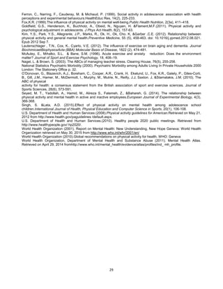 29
Ferron, C., Narring, F., Cauderay, M. & Michaud, P. (1999). Social activity in adolescence: association with health
perceptions and experimental behaviours.HealthEduc Res, 14(2), 225-233.
Fox,K.R. (1999).The influence of physical activity on mental well-being.Public Health Nutrition, 2(3a), 411–418.
Goldfield, G.S., Henderson, K., Buchholz, A., Obeid, N., Nguyen, H. &Flament,M.F.(2011). Physical activity and
psychological adjustment in adolescents. J Phys Act Health, 8(2), 157-63.
Kim, Y.S., Park, Y.S., Allegrante, J.P., Marks, R., Ok, H., Ok, Cho. K, &Garber ,C.E. (2012). Relationship between
physical activity and general mental health.Preventive Medicine, 55 (5), 458-463. doi: 10.1016/j.ypmed.2012.08.021.
Epub 2012 Sep 7.
Lautenschlager , T.N., Cox, K., Cyarto, V.E. (2012). The influence of exercise on brain aging and dementia. Journal
BiochimicaetBiophysicaActa (BBA) Molecular Basis of Disease, 1822 (2), 474-481.
McAuley, E., Mihalko, S.L. & Bane, S.M. (1996). Acute exercise and anxiety reduction: Does the environment
matter? Journal of Sport and Exercise Psychology, 18, 408–19.
Nagel, L. & Brown, S. (2003). The ABCs of managing teacher stress. Clearing House, 76(5), 255-258.
National Statistics Psychiatric Morbidity (2000). Psychiatric Morbidity among Adults Living In Private Households 2000
London: The Stationery Office p. 32.
O’Donovan, G., Blazevich, A.J., Boreham, C., Cooper, A.R., Crank, H, Ekelund, U., Fox, K.R., Gately, P., Giles-Corti,
B., Gill, J.M., Hamer, M., McDermott, I., Murphy, M., Mutrie, N., Reilly, J.J, Saxton. J, &Stamatakis, J.M. (2010). The
ABC of physical
activity for health: a consensus statement from the British association of sport and exercise sciences. Journal of
Sports Sciences, 28(6), 573-591.
Seyed, M. T., Yadollah, A., Hamid, M., Alireza S., Fatemeh, Z., &Bahareh, G. (2014). The relationship between
physical activity and mental health in active and inactive employees.European Journal of Experimental Biology, 4(3),
366-368.
Singh, S. &Lata, A.D. (2015).Effect of physical activity on mental health among adolescence school
children.International Journal of Health, Physical Education and Computer Science in Sports, 20(1), 106-108.
U.S. Department of Health and Human Services (2008).Physical activity guidelines for American.Retrieved on May 21,
2012 from http://www.health.gov/paguidelines /default.aspx.
U.S. Department of Health and Human Services.(2010). Healthy people 2020 public meetings. Retrieved from
http://www.healthypeople.gov/ hp2020/.
World Health Organization (2001). Report on Mental Health: New Understanding, New Hope Geneva: World Health
Organization retrieved on May 30, 2015 from http://www.who.int/whr/2001/en/
World Health Organization (2010).Global recommendations on physical activity for health. WHO: Geneva
World Health Organization, Department of Mental Health and Substance Abuse (2011). Mental Health Atlas.
Retrieved on April 29, 2014 fromhttp://www.who.int/mental_health/evidence/atlas/profiles/ind_ mh_profile.
 