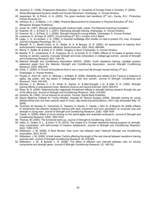 36
28. Jacobson, E. (1938). Progressive Relaxation. Chicago, IL: University of Chicago Press in Christine, P. (2004).
Stress Management-Dynamic Health and Human Movement. Champaign, IL: Human Kinetics.
29. Jespensen, M., & Potvin, A. N. (2003). The great medicine ball handbook (2nd
ed.). Surrey, B.C.: Productive
Fitness Products Inc.
30. Johnson, B. L., & Nelson, J. K. (1986). Practical Measurement for Evaluation in Physical Education (4
th
Ed.).
Minnesota: Burgess Publishing.
31. Jones, M. (1997). Strength conditioning with medicine balls. Leeds: The National Coaching Foundation.
32. Kraemer, W. J., & Fleck, S. J. (2007). Optimizing strength training. Champaign, IL: Human Kinetics.
33. Kraemer, W. J., & Fleck, S. J. (2005). Strength training for young athlete. Champaign, IL: Human Kinetics.
34. Lawrence, D., & Hope, B. (2007). Circuit training (2nd
Ed.). London: A & C Black.
35. Leger, L. A., & Lambert, J. A. (1982). A maximal multistage 20m shuttle run test to predict VO2 max. European
Journal of Applied Physiology, 49:1-12.
36. Mirwald, R. L., Baster-Jones, A. D., Bailey, D. A. & Beunen, G. D. (2002). An assessment of maturity from
anthropometric measurements. Medicine Sports Exercise. 2002; 34(4): 689-694.
37. Morris, T, Spittle, M, & Watt, A. P. (2005). Imagery in Sport. Champaign, IL: Human Kinetics.
38. Mosher, P. E., Underwood, S. A., Ferguson, M. A., & Arnold, R. O. (1994). Effects of 12 weeks of aerobic circuit
training on aerobic capacity, muscular strength and body composition in college-age women. Journal of Strength
and Conditioning Research, 8(3): 129-130.
39. National Strength and Conditioning Association (NSCA). (2009). Youth resistance training: Updated position
statement paper from the National Strength and Conditioning Association. Journal Strength Conditioning
Research, 23(5): S60-S79.
40. Orlick, T. (2000). In Pursuit of Excellence-How to win in sport and life through mental training (3rd
ed.).
Champaign, IL: Human Kinetics.
41. Pauole, K., Kent, M., John, G., Michael, L, & Ralph, R. (2000). Reliability and validity of the T-test as a measure of
agility, leg power, and leg speed in college-aged men and women. Journal of Strength Conditioning and
Research, 14(4): 443-450.
42. Ramsay, J. A., Blimkie, C. J. R., Smith, K., Garner, S., & Mac-Dougall, J. D., & Sale, D. G. (1990). Strength
training effects in prepubescent boys. Medicine Science and Sports Exercise, 22(5): 605-614.
43. Rhea, M. R. (2004). Determining the magnitude of treatment effects in strength training research through the use
of the effect size. Journal of Strength and Conditioning Research, 18(4): 918-920.
44. Scholich, M. (1992). Circuit training for all sports. Toronto: Sports Book Publisher.
45. Sports Medicine Institute for Young Athletes, Hospital for Special Surgery (2009). Strength training for young
athletes-What kids and their parents need to know. http://www.hss.ed/conditions_14511.asp [Accessed May 14,
2009].
46. Tanimoto, M, Sanada, K., Yamamoto, K., Kawano, H, Gando, Y, Tabata, I, Ishiii, N., & Miyachi, M. (2008). Effects
of whole-body low-intensity resistance training with slow movement and tonic generation on muscular size and
strength in young men. Journal of Strength and Conditioning Research, 22(6): 1926-1938.
47. Taskin, H. (2009). Effect of circuit training on the sprint-agility and anaerobic endurance. Journal of Strength and
Conditioning Research, 23(6): 1803-1810.
48. Thomas, M. (2000). The functional warm-up. Journal of Strength & Conditioning, 22(2): 51-53.
49. Velez, A., Golem, D. L., & Arent, S. M. (2010). The impact of a 12-week resistance training program on strength,
body composition, and self-concept of hispanic adolescents. Journal of Strength and Conditioning Research,
24(4): 1065-1073.
50. Willardson, J. M. (2008). A Brief Review: How much rest between sets? National Strength and Conditioning
Association, 30(3): 44-50.
51. Willardson, J. M. (2006). A brief review: Factors affecting the length of the rest interval between resistance training
exercise sets. Journal of Strength Conditioning Research, 20: 978-984.
52. Willardson, J. M., & Burkett, L. N. (2008). The effect of different rest intervals between sets on volume
components and strength gains. Journal of Strength Conditioning Research, 22: 146-152.
 
