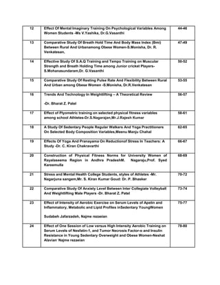 12 Effect Of Mental Imaginary Training On Psychological Variables Among
Women Students -Ms V.Yashika, Dr.G.Vasanthi
44-46
13 Comparative Study Of Breath Hold Time And Body Mass Index (Bmi)
Between Rural And Urbanamong Obese Women-S.Monisha, Dr. R.
Venkatesan,
47-49
14 Effective Study Of S.A.Q Training and Tempo Training on Muscular
Strength and Breath Holding Time among Junior cricket Players-
S.Mohanasundaram,Dr. G.Vasanthi
50-52
15 Comparative Study Of Resting Pulse Rate And Flexibility Between Rural
And Urban among Obese Women -S.Monisha, Dr.R.Venkatesan
53-55
16 Trends And Technology In Weightlifting – A Theoretical Review
-Dr. Bharat Z. Patel
56-57
17 Effect of Plyometric training on selected physical fitness variables
among school Athletes-Dr.S.Nagarajan,Mr.J.Rajesh Kumar
58-61
18 A Study Of Sedentary People Regular Walkers And Yoga Practitioners
On Selected Body Composition Variables,Meenu Manju Chahal
62-65
19 Effects Of Yoga And Pranayama On Reductionof Stress In Teachers: A
Study -Dr. C. Kiran Chakravarthi
66-67
20 Construction of Physical Fitness Norms for University Women of
Rayalaseema Region in Andhra PradeshM. Nagaraju,Prof. Syed
Kareemulla
68-69
21 Stress and Mental Health College Students, styles of Athletes -Mr.
Nagarjuna sangem,Mr. S. Kiran Kumar Goud: Dr. P. Bhasker
70-72
22 Comparative Study Of Anxiety Level Between Inter Collegiate Volleyball
And Weightlifting Male Players -Dr. Bharat Z. Patel
73-74
23 Effect of Intensity of Aerobic Exercise on Serum Levels of Apelin and
Inflammatory, Metabolic and Lipid Profiles inSedentary YoungWomen
Sudabeh Jafarzadeh, Najme rezaeian
75-77
24 Effect of One Session of Low versus High Intensity Aerobic Training on
Serum Levels of Nesfatin-1, and Tumor Necrosis Factor-α and Insulin
Resistance in Young Sedentary Overweight and Obese Women-Neshat
Alavian
,
Najme rezaeian
78-80
 