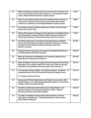 25 Effect of intensity of aerobic exercise on serum levels of chemerin and
tumor necrosis factor-αand insulin resistance in overweight and obese
women -Maryam Mohammadi Farid, Najme rezaeian
81-83
26 Effect of one session of high versus low intensity aerobic exercise on
serum levels of lipocalin-2 and tumor necrosis factor-αand insulin
resistance in sedentary women-Sedighe Bahadori, Najme rezaeian
84-86
27 A Comparative Study of Marital Adjustment of Player and Non Player
Women-Dr.Tanuja S. Raut
87-90
28 Effects Of Plyometric And Speed Training Exercises On Related Fitness
And Physiological Variables Of Male Football Trainees Of Ambo Fifa
Goal Project Academy In Ethiopia-Haile Iticha Bulti, Dr.P.Johnson
91-96
29 The Effect Of Plyometric And Speed Training Exercises On Related
Fitness And Physiological Variables Of Female Youth Soccer Trainees
Of Ambo Fifa Goal Project Academy Of Ethiopia-Haile Iticha
Bulti,Dr.P.Johnson
97-102
30 Physical Fitness Components As Predictors Of Kabaddi Performance-
D. Reddi Bhaskara,Dr.D.Krishna Murthy
103-106
31 Effect Of Yogasanas And Meditation On The balance Ability Of The
Older Women -Lakshmi Devi,Johnson. P
107-109
32 Effect Of Regular Practice Of Yogasanas And Pranayama On The Upper
Respiratory Tract Infection Status Post Their First 10 Km Run Among
Recreational Young Women Runners-Lakshmi Devi,Johnson. P
110-112
33 A Comparative Study of Agility among Wushu Players and Boxers of
Hyderabad District-Prof.L.B.Laxmikanth Rathod,Prof.Rajesh Kumar
Dr. K.Deepla, Dr.B.Sunil Kumar
113-115
34 Assessment Of Talent Identification And Players’ Success Rate: With
Specific Reference To Addis Ababa Basketball Projects.- Dr. Aschenaki
Taddese and Mr. Ayenalem Mechalo
116-121
35 The Effect of Selected Combined Exercise for Eight Weeks on the
Predictor Indexes of Cardiovascular Disease in Girls – Maryam
Mirhoseiny, Behrooz Imeri, Minoo Dadban
122-127
36 The Effect of 8 Weeks Training with Revoflex Extreme on Plasma
Fibrinogen of Adult Women – Vahideh Moslemipour, Behrooz Imeri,
Minoo Dadban Shahamat
128-133
 