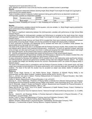 2
*Significant at 0.01 level with df 58 is 0.174
Note: Negative significance is due to the fact that the variable correlated involved in percentage
Results
There is a significant relationship between standing height, Body Weight Trunk length Arm length and Leg length to
performance of the kabaddi players.
Table-2:Variables entered in stepwise multiple regression taking game performance as dependent variable and
Anthropometric variables as Independent variables
Model Variables entered
Variables
removed
R R Square
Adjusted R
Square
1 Body weight . .469a
.220 .215
Stepwise (Criteria: Probability-of-F-to-enter <= .050, Probability-of-F-to-remove >= .100).
Results :
Of the 5 Anthropometric variables entered into the equation, only one variable, i.e., Body Weight majorly predicted the
game performance of the kabaddi players.
Discussion
H1: There is a significant relationship between the Anthropometric variables with performance of High School Male
Kabaddi Players.
Hypothesis formulated for Anthropometric variables and Performance is accepted as the result shows that, among
anthropometric variables, standing height, Body Weight Trunk length Arm length and Leg length to performance of the
kabaddi players.
A study conducted by Singh; Kannan and Singh (2014) revealed that, there were moderate correlations exist between
playing ability versus leg length, Weight, and very low correlation for Height with playing ability in Kabaddi .
A study conducted by Devaraju and Needhiraja (2013) revealed that there was a correlation exists between the
playing ability versus leg length and arm length.
The result of the present study was in corroborated with the findings of previous studies. Many studies have revealed
that Kabaddi game requires many essential Anthropometric components. To touch an opponent a player need long
arms and legs, and also need and to gain more force in raiding and escaping from holds Kabaddi players need weight
and heavy girth bones. So the present study result is in agree with the above said facts.
H2: Only few anthropometrical variables best predict the performance of high school kabaddi players.
Hypothesis formulated for anthropometrical variables and Performance is rejected as the analysis revealed that, only
one Anthropometrical variable- Body weight was best predictor of Performance.
A study conducted by Devaraju and Kalidasan (2012) revealed that an inter-relationship exists significantly between
the Anthropometrical, physical and performance variables among male inter-collegiate Kabaddi players. The results
also revealed that weight and flexibility become the common characteristics which can predict the playing ability in
Kabaddi players.
The result of the present study is contradictory with the findings of previous studies. In the present study only body
weight was emerged as best predictors of the game performance, and in previous study also only weight was the best
predictor. The result of the both the studies may be accepted as weight was closely related to kabaddi game
performance.
Reference
Ashish Kumar Singh; Kannan A. and Radha Raman Singh. “Prediction of Kabaddi Playing Ability in the
Anthropometric and Bio- Motor Contexts.” Academic Sports Scholar (2014), Vol.3(2): 1-5.
Barry L. Johnson and Jack K. Nelson. Practical Measurements for Evaluation in Physical Education, New Delhi;
Surjeet Publications, 1982, p. 128.
Carlton R. Meyers, Measurement in Physical Education, 2 ed, p.614-615
Devaraju K. and A. Needhiraja. “Prediction of Playing Ability in Kabaddi from Selected Anthropometrical, Physical,
Physiological and Psychological Variables among College Level Players.” Elixir Psychology (2013), 56: 13212-13215.
Don R. Kirkendall., Joseph J. Gruber and Robert E. Johnson. Measurement and Evaluation for Physical Educators, (2
ed. Champaign: Human Kinetics Publishers, 1987), p. 150.
Pekka Oja and Bill Tux Worth, "Euro fit for Adults." Assessment of Health Related Fitness, Finland: Published by
Council of Europe. 1995, p.50-51.
Richard W, "Field Control Tests for Explosive Events." National Strength and Conditioning Association. 11: 6 (1989),
63-64.
Barrow, Harold M., and Rosemary McGee. A Practical Approach to Measurement in Physical Education, 3rd
ed.;
Philadelphia: Lea and Febiger, 1979.
Bumpa, Tudar O. Theory and Methodology of Training. lowa:Hunt Publication Company, 1983.
Harre, Dietrich. Principles of Sports Training. Berlin: Sportsverlog, 198.
Mathew, Donald K. Measurement in physical education. Philadelphia: W.B Saunders Company, 1978.
Matveyev, L. Fundamentals of Sports Training. Moscow: Progress Publishers, 1981.
 