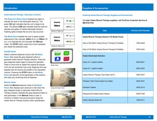 6 Vashe Wound Therapy 866.918.2743
Vashe Wound Therapy Generator Controls
The Reservoir Status Panel displays two lights to
indicate the level in the Electrolyte reservoir. The
green OK light indicates that the unit is ready to be
used. The yellow LOW light indicates that the reservoir
requires one gallon of Vashe Electrolyte Solution.
Flashing lights indicate that an error has occurred.
The Mode Panel enables the user to select autofill
dispensing of two volumes, 250ml (8 oz.) or 500ml (16
oz.), or to operate the unit manually with Manual
mode. The STOP button clears the current operation
and resets the selected mode.
Autofill mode:
Select a desired dispense volume with the Mode
Panel, then press the gray dispense button to
generate Vashe Wound Therapy Solution. Press the
gray dispense button again to pause the operation.
Press it a third time to restart the original fill request.
(The unit will remember how much dispense time has
elapsed and will resume the autofill to the requested
volume.) Pressing the STOP button on the Mode
Panel will stop the current generation of the solution
and clear any remaining time of dispense.
Manual mode:
Select the Manual dispense mode on the Mode
Panel, then depress and continue to hold down the
gray dispense button to generate Vashe Wound
Therapy Solution. Release the gray dispense button to
stop generation. If the Manual mode is used, a
minimum of 250ml must be produced to keep the
Vashe Wound Therapy Solution within specification.
Pressing the gray dispense button
Using the Mode Panel
Introduction
Reservoir Status OK
Mode Panel
Reservoir Status Low
866.918.2743 Vashe Wound Therapy 19
Ordering Vashe Wound Therapy Supplies and Accessories
To order Vashe Wound Therapy supplies, call PuriCore Customer Service at
866.918.2743.
Supplies & Accessories
Item PuriCore Part Number
Vashe Wound Therapy Solution Fill Bottle Packs
Vashe Electrolyte Solution
Case of 4 1-gallon bottles 6000-6021
Case of 2 1-gallon bottles 6000-0003
Vashe Wound Therapy Test Strips (AFC) 3000-3037
Palintest 1000 Chlorometer-Duo Meter 3000-3001
Replacement Waste Spout Sleeve 5000-5189
Vashe Sample Bottle Kit 7000-0011
Pack of 56 250ml Vashe Wound Therapy Fill Bottles 7000-0028
Pack of 28 500ml Vashe Wound Therapy Fill Bottles 7000-0030
Palintest Tablets 3000-3013
 