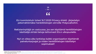 “EU-tuomioistuin totesi 16.7.2020 Privacy shield –järjestelyn
pätemättömäksi henkilötietojen siirroille Yhdysvaltoihin.
Re...