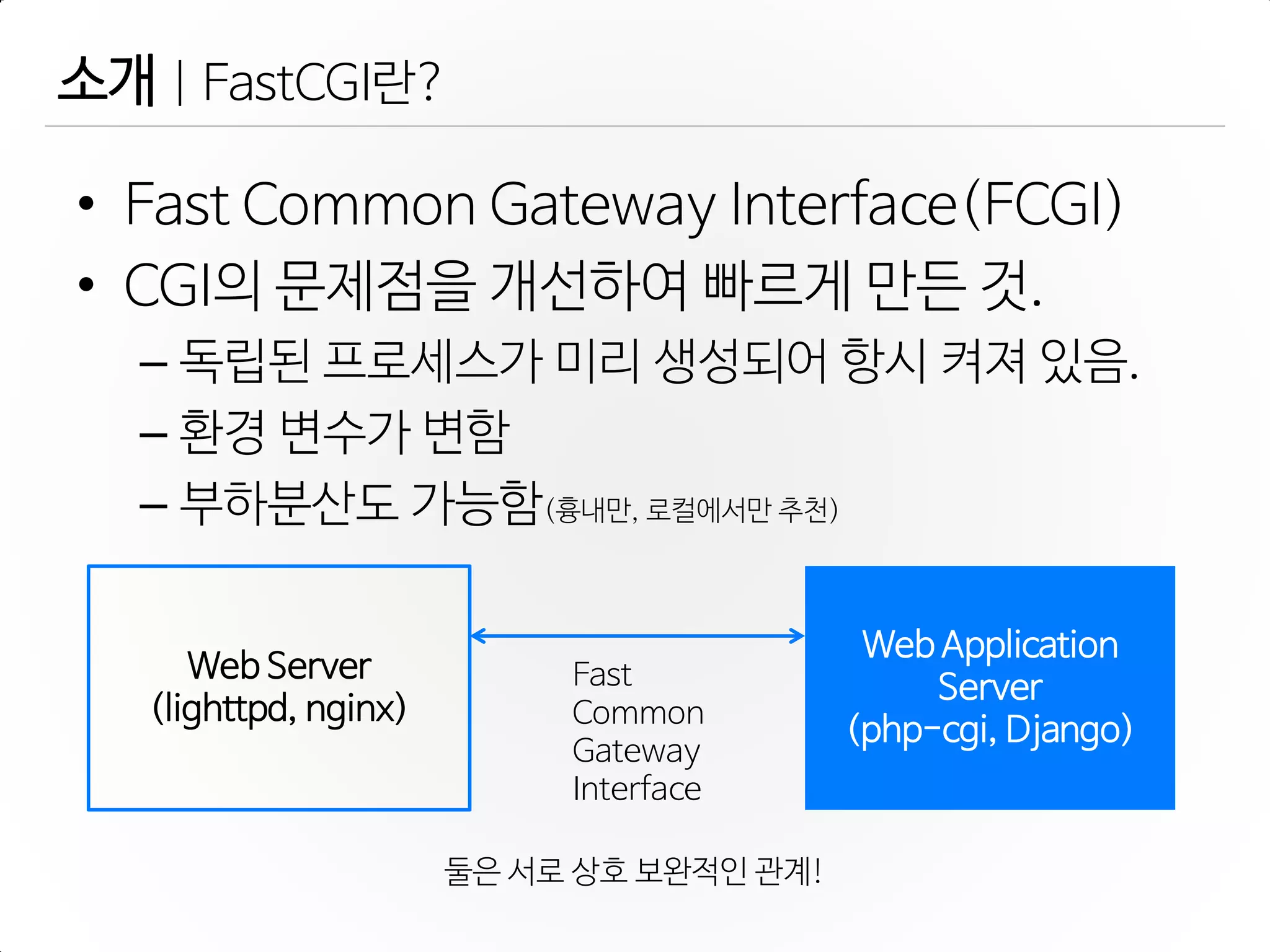 소개 | FastCGI띾?
• Fast Common Gateway Interface(FCGI)
• CGI의 문제점을 개선하여 빠르게 만든 것.
– 독립된 프로세스가 미리 생성되어 항시 켜져 있음.
– 환경 변수가 변함
– 부하분산도 가능함(흉내만, 로컬에서만 추천)
Web Server
(lighttpd, nginx)
Web Application
Server
(php-cgi, Django)
Fast
Common
Gateway
Interface
둘은 서로 상호 보완적인 관계!
 