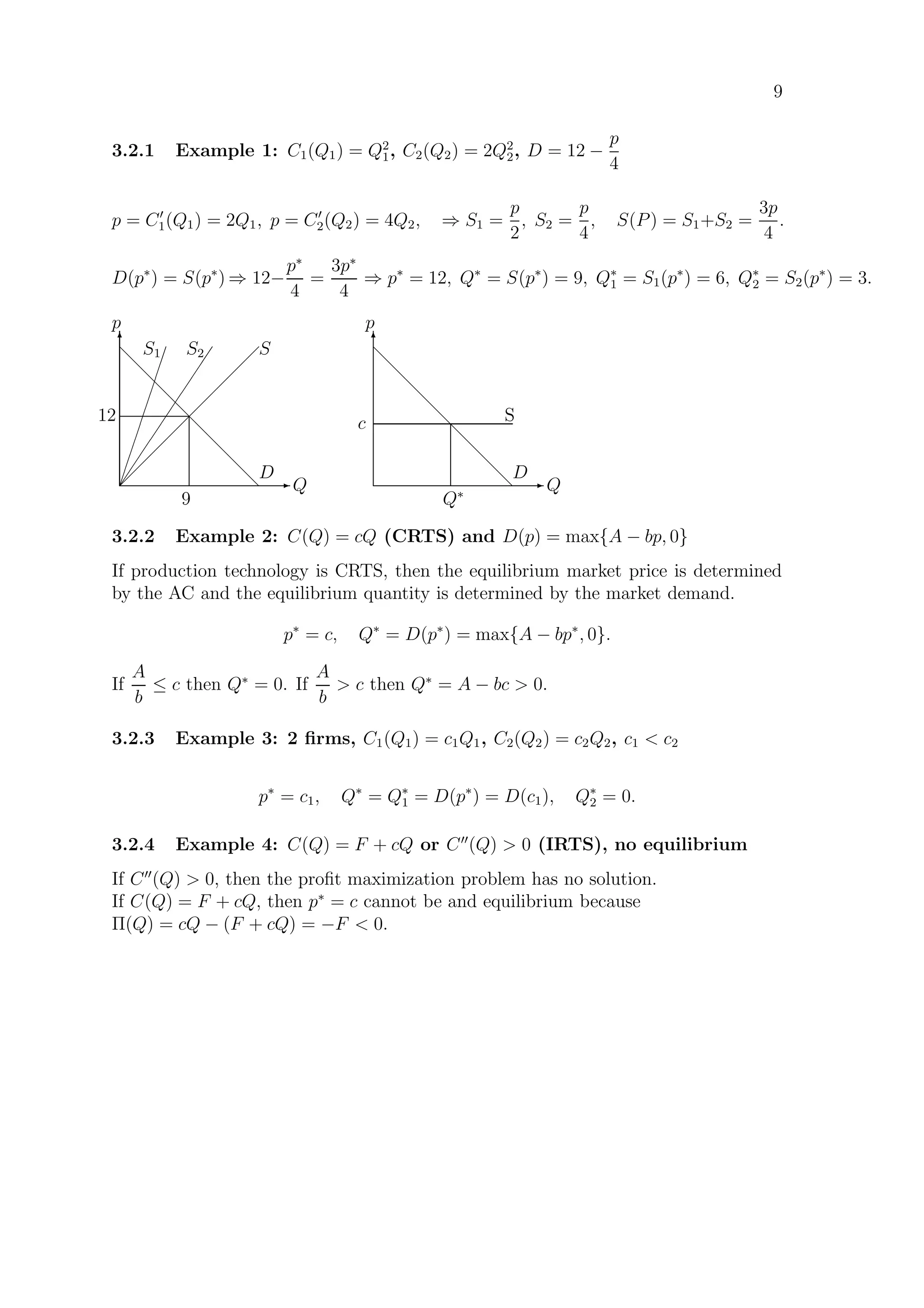 9
3.2.1 Example 1: C1(Q1) = Q2
1, C2(Q2) = 2Q2
2, D = 12 −
p
4
p = C1(Q1) = 2Q1, p = C2(Q2) = 4Q2, ⇒ S1 =
p
2
, S2 =
p
4
, S(P) = S1+S2 =
3p
4
.
D(p∗
) = S(p∗
) ⇒ 12−
p∗
4
=
3p∗
4
⇒ p∗
= 12, Q∗
= S(p∗
) = 9, Q∗
1 = S1(p∗
) = 6, Q∗
2 = S2(p∗
) = 3.
E Q
T
p
¢
¢
¢
¢
¢
¢
¢
¢
¢¢
S1









S2
 
 
 
 
 
 
 
 
 
Sd
d
d
d
d
d
d
d
d
D
12
9
E Q
T
p
d
d
d
d
d
d
d
d
d
D
Sc
Q∗
3.2.2 Example 2: C(Q) = cQ (CRTS) and D(p) = max{A − bp, 0}
If production technology is CRTS, then the equilibrium market price is determined
by the AC and the equilibrium quantity is determined by the market demand.
p∗
= c, Q∗
= D(p∗
) = max{A − bp∗
, 0}.
If
A
b
≤ c then Q∗
= 0. If
A
b
 c then Q∗
= A − bc  0.
3.2.3 Example 3: 2 ﬁrms, C1(Q1) = c1Q1, C2(Q2) = c2Q2, c1  c2
p∗
= c1, Q∗
= Q∗
1 = D(p∗
) = D(c1), Q∗
2 = 0.
3.2.4 Example 4: C(Q) = F + cQ or C (Q)  0 (IRTS), no equilibrium
If C (Q)  0, then the proﬁt maximization problem has no solution.
If C(Q) = F + cQ, then p∗
= c cannot be and equilibrium because
Π(Q) = cQ − (F + cQ) = −F  0.
 