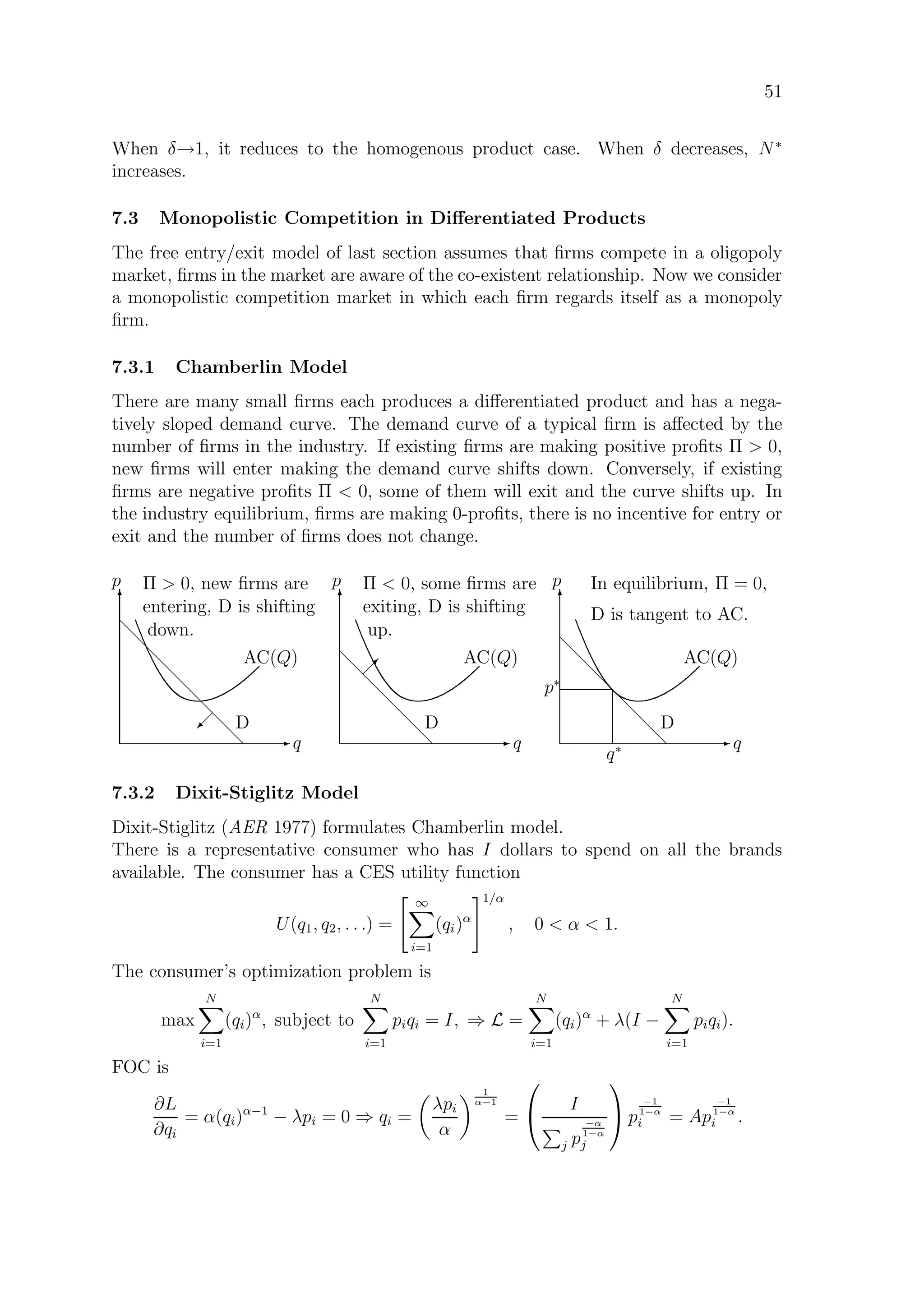 51
When δ→1, it reduces to the homogenous product case. When δ decreases, N∗
increases.
7.3 Monopolistic Competition in Diﬀerentiated Products
The free entry/exit model of last section assumes that ﬁrms compete in a oligopoly
market, ﬁrms in the market are aware of the co-existent relationship. Now we consider
a monopolistic competition market in which each ﬁrm regards itself as a monopoly
ﬁrm.
7.3.1 Chamberlin Model
There are many small ﬁrms each produces a diﬀerentiated product and has a nega-
tively sloped demand curve. The demand curve of a typical ﬁrm is aﬀected by the
number of ﬁrms in the industry. If existing ﬁrms are making positive proﬁts Π  0,
new ﬁrms will enter making the demand curve shifts down. Conversely, if existing
ﬁrms are negative proﬁts Π  0, some of them will exit and the curve shifts up. In
the industry equilibrium, ﬁrms are making 0-proﬁts, there is no incentive for entry or
exit and the number of ﬁrms does not change.
E q
T
p
AC(Q)
d
d
d
d
d
d
d
d
D
Π  0, new ﬁrms are
entering, D is shifting
down.
 ©
E q
T
p
AC(Q)d
d
d
d
d
d
D
Π  0, some ﬁrms are
exiting, D is shifting
up.
 
E q
T
p
AC(Q)
d
d
d
d
d
d
d
D
In equilibrium, Π = 0,
D is tangent to AC.
p∗
q∗
7.3.2 Dixit-Stiglitz Model
Dixit-Stiglitz (AER 1977) formulates Chamberlin model.
There is a representative consumer who has I dollars to spend on all the brands
available. The consumer has a CES utility function
U(q1, q2, . . .) =
∞
i=1
(qi)α
1/α
, 0  α  1.
The consumer’s optimization problem is
max
N
i=1
(qi)α
, subject to
N
i=1
piqi = I, ⇒ L =
N
i=1
(qi)α
+ λ(I −
N
i=1
piqi).
FOC is
∂L
∂qi
= α(qi)α−1
− λpi = 0 ⇒ qi =
λpi
α
1
α−1
=

 I
j p
−α
1−α
j

 p
−1
1−α
i = Ap
−1
1−α
i .
 