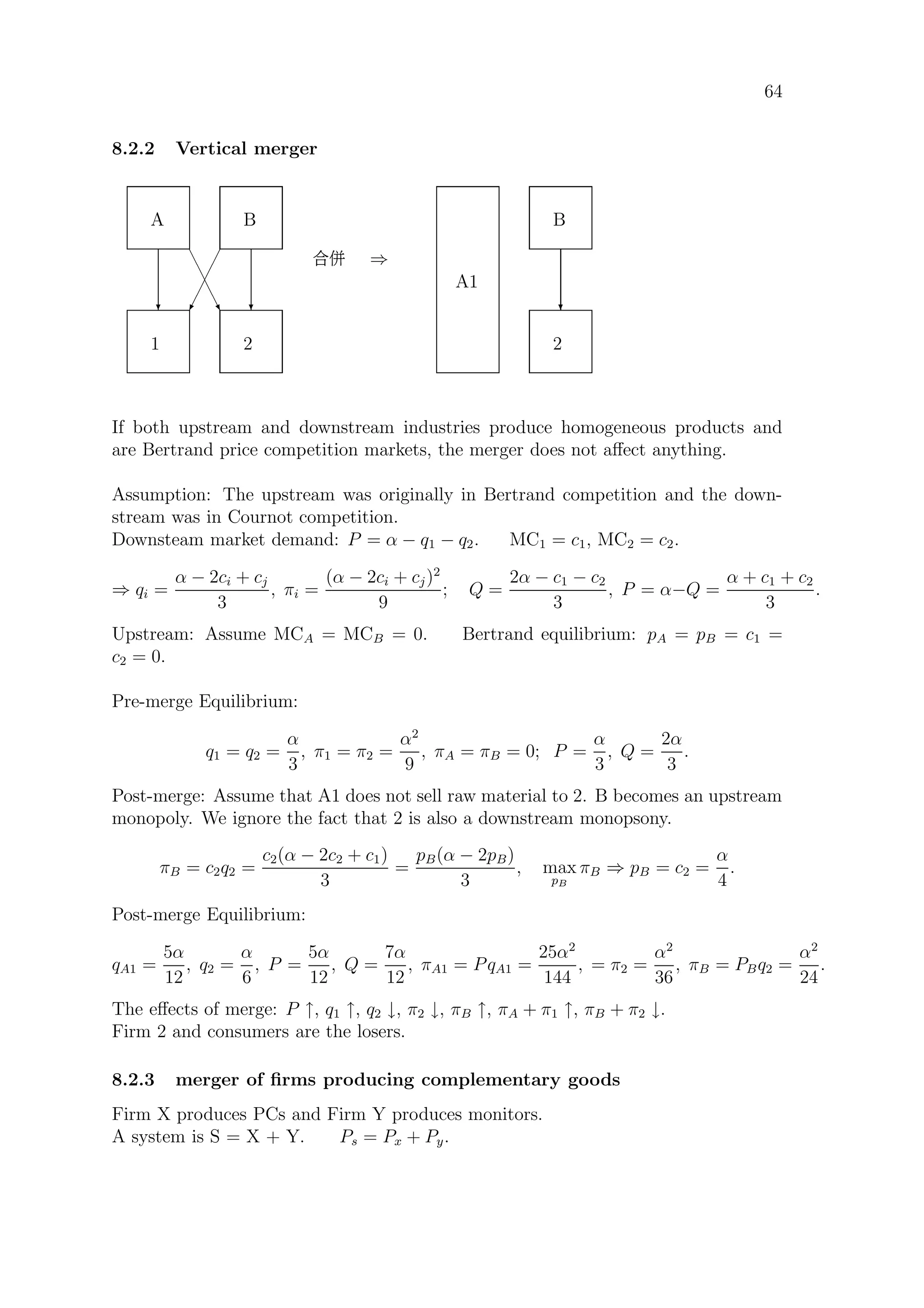 64
8.2.2 Vertical merger
A B
1 2
c c
e
e
e
e…
¡
¡
¡
¡
¯9 ⇒
A1
B
2
c
If both upstream and downstream industries produce homogeneous products and
are Bertrand price competition markets, the merger does not aﬀect anything.
Assumption: The upstream was originally in Bertrand competition and the down-
stream was in Cournot competition.
Downsteam market demand: P = α − q1 − q2. MC1 = c1, MC2 = c2.
⇒ qi =
α − 2ci + cj
3
, πi =
(α − 2ci + cj)2
9
; Q =
2α − c1 − c2
3
, P = α−Q =
α + c1 + c2
3
.
Upstream: Assume MCA = MCB = 0. Bertrand equilibrium: pA = pB = c1 =
c2 = 0.
Pre-merge Equilibrium:
q1 = q2 =
α
3
, π1 = π2 =
α2
9
, πA = πB = 0; P =
α
3
, Q =
2α
3
.
Post-merge: Assume that A1 does not sell raw material to 2. B becomes an upstream
monopoly. We ignore the fact that 2 is also a downstream monopsony.
πB = c2q2 =
c2(α − 2c2 + c1)
3
=
pB(α − 2pB)
3
, max
pB
πB ⇒ pB = c2 =
α
4
.
Post-merge Equilibrium:
qA1 =
5α
12
, q2 =
α
6
, P =
5α
12
, Q =
7α
12
, πA1 = PqA1 =
25α2
144
, = π2 =
α2
36
, πB = PBq2 =
α2
24
.
The eﬀects of merge: P ↑, q1 ↑, q2 ↓, π2 ↓, πB ↑, πA + π1 ↑, πB + π2 ↓.
Firm 2 and consumers are the losers.
8.2.3 merger of ﬁrms producing complementary goods
Firm X produces PCs and Firm Y produces monitors.
A system is S = X + Y. Ps = Px + Py.
 