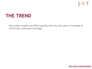 THE TREND
 Most urban couples are deferring kids from the first year of marriage to
 two to four years post-marriage.




...