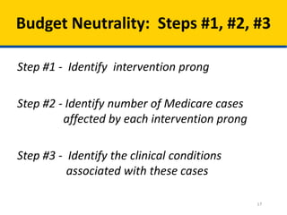 Budget Neutrality: Steps #1, #2, #3
Step #1 - Identify intervention prong
Step #2 - Identify number of Medicare cases
affected by each intervention prong
Step #3 - Identify the clinical conditions
associated with these cases
17

 