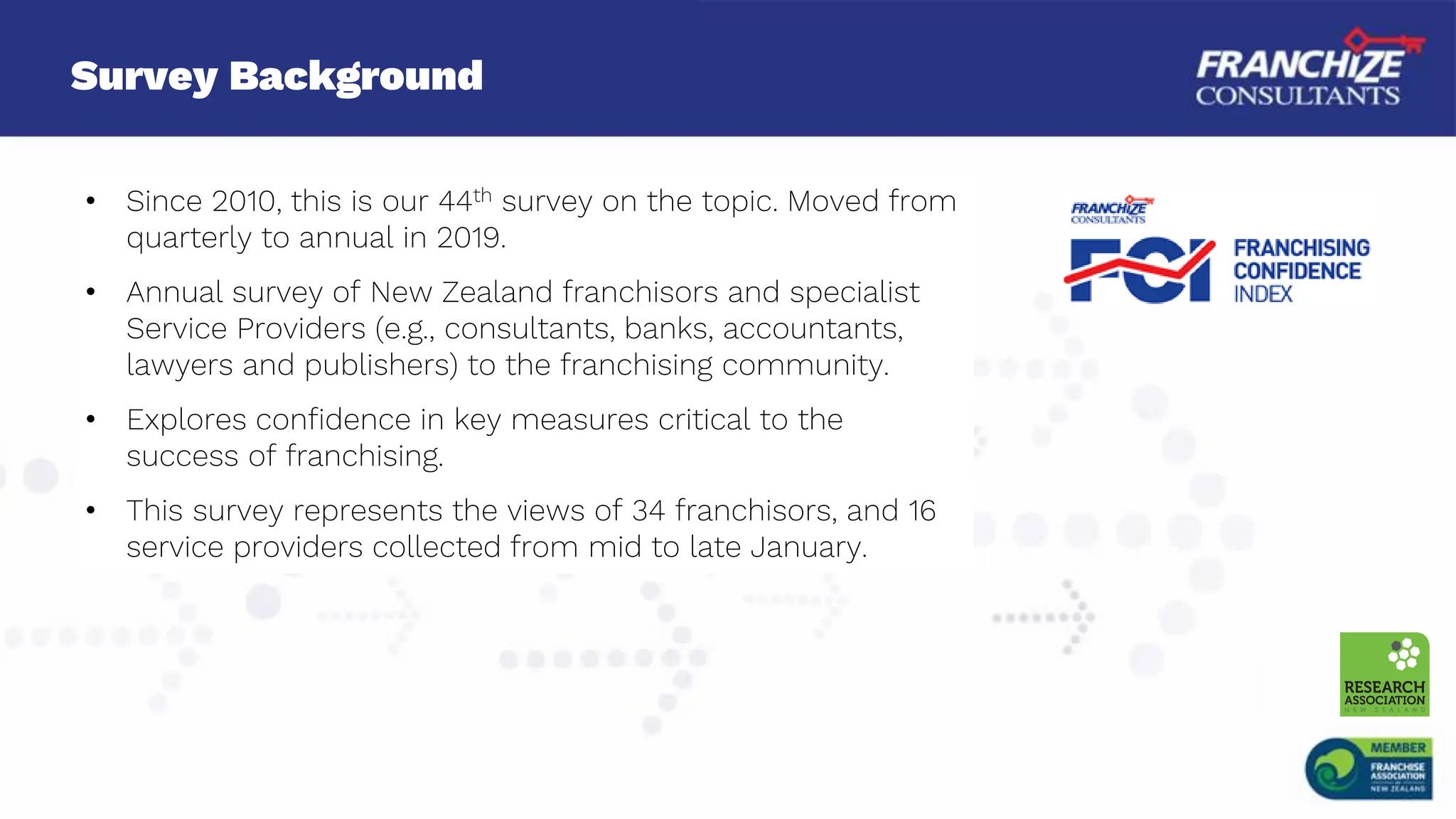 Survey Background
• Since 2010, this is our 44th survey on the topic. Moved from
quarterly to annual in 2019.
• Annual survey of New Zealand franchisors and specialist
Service Providers (e.g., consultants, banks, accountants,
lawyers and publishers) to the franchising community.
• Explores confidence in key measures critical to the
success of franchising.
• This survey represents the views of 34 franchisors, and 16
service providers collected from mid to late January.
 